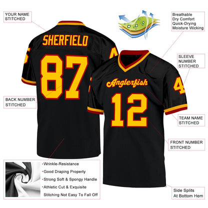 Custom Black Gold-Red Mesh Authentic Throwback Football Jersey