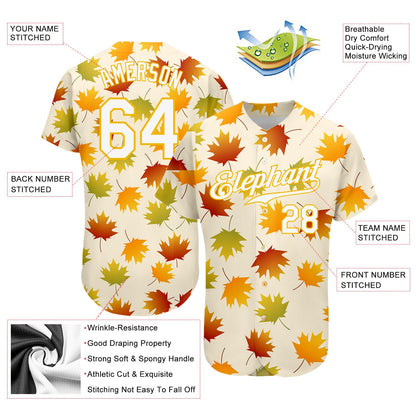 Custom Cream White-Gold 3D Pattern Design Maple Leaf Authentic Baseball Jersey