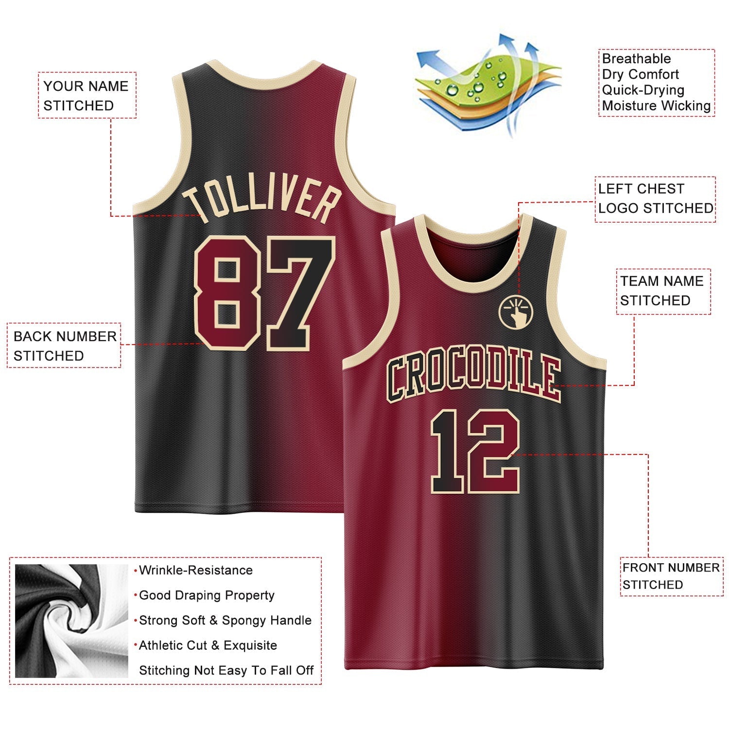 Custom Black Crimson - Cream Authentic Gradient Fashion Basketball Jersey - TopFanCustom