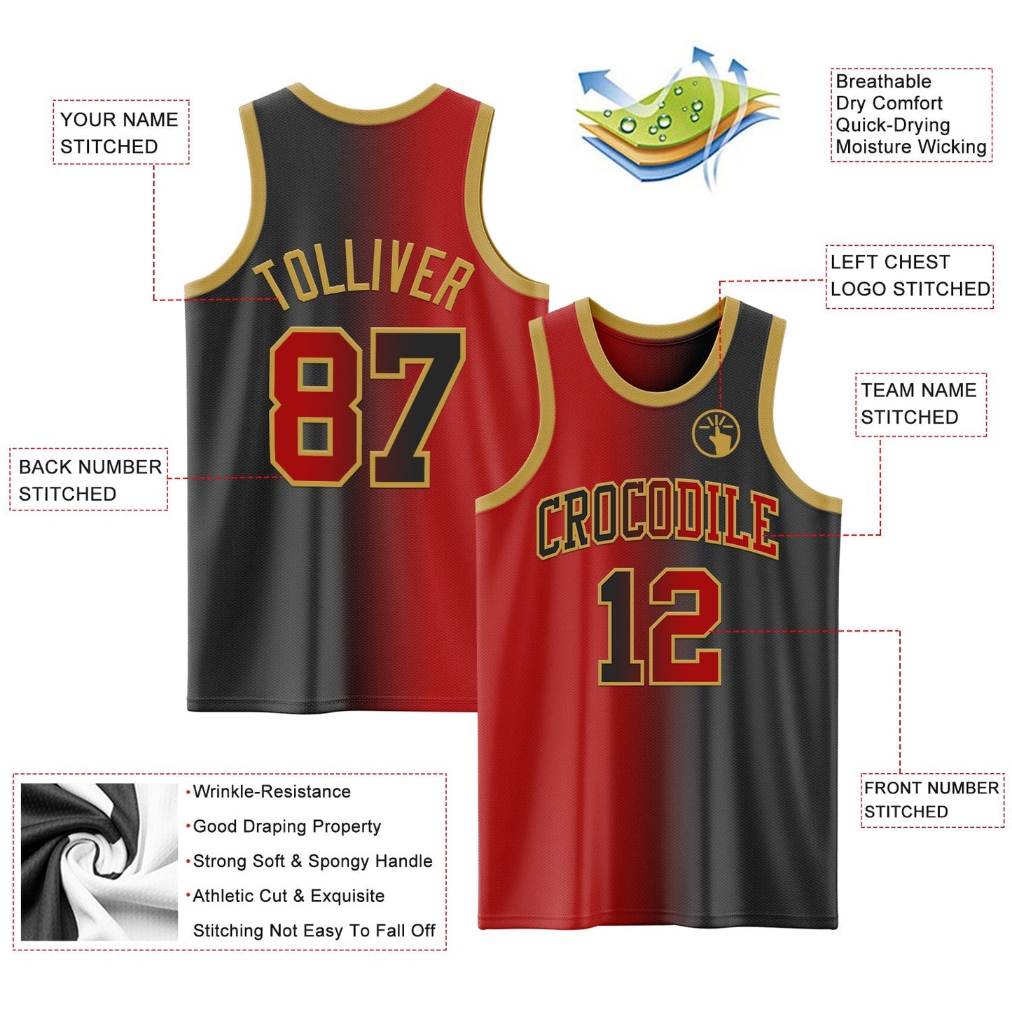 Custom Black Red - Old Gold Authentic Gradient Fashion Basketball Jersey - TopFanCustom