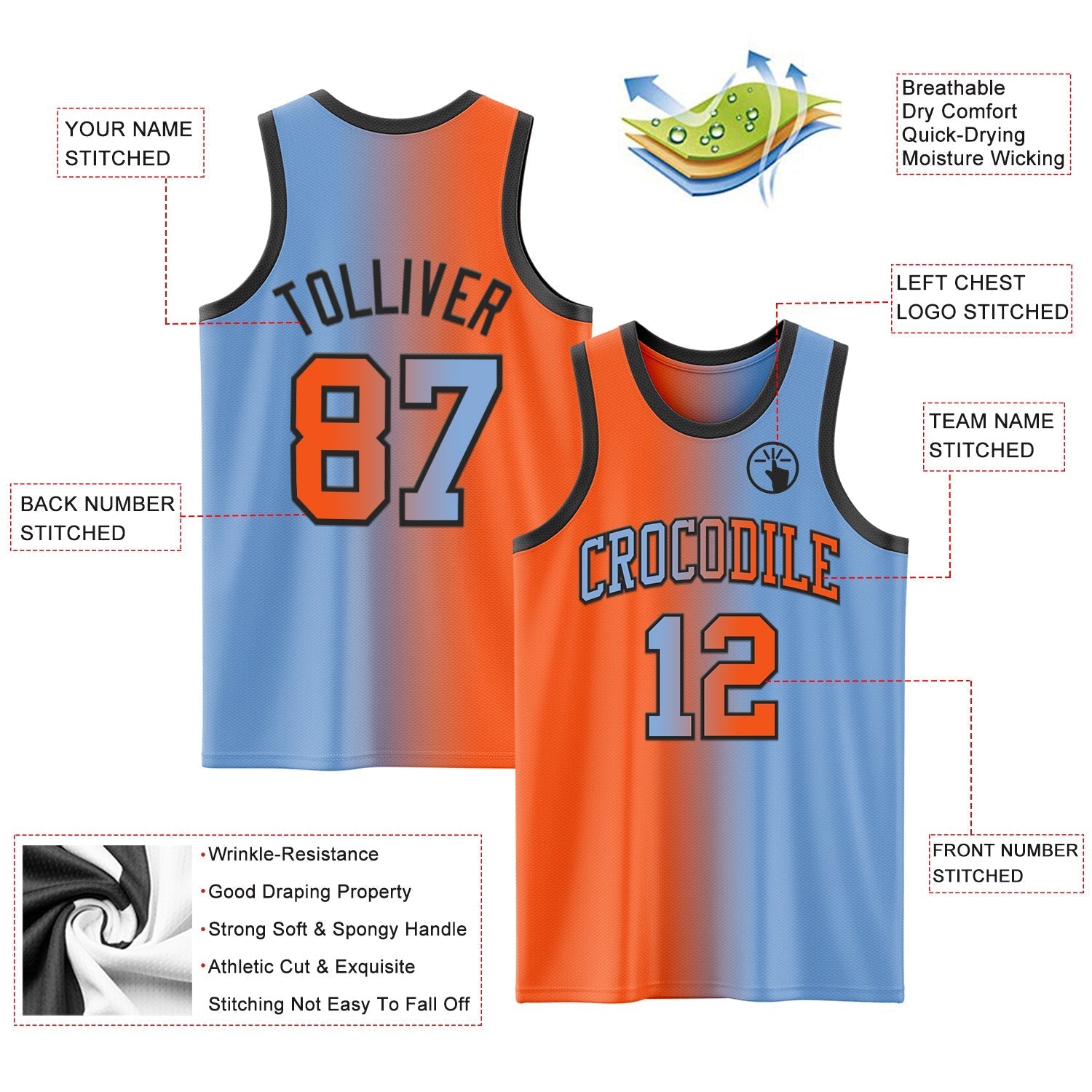 Custom Light Blue Orange - Black Authentic Gradient Fashion Basketball Jersey - TopFanCustom