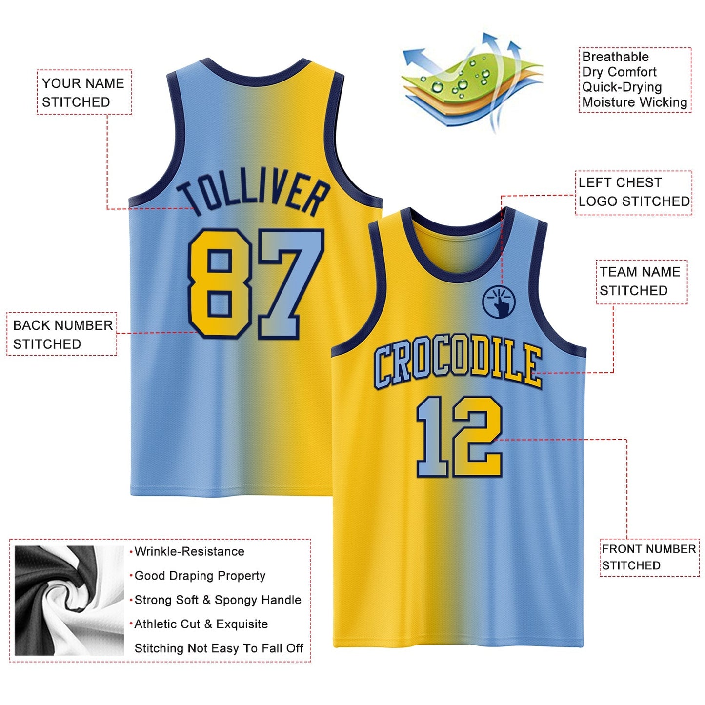 Custom Light Blue Yellow - Navy Authentic Gradient Fashion Basketball Jersey - TopFanCustom