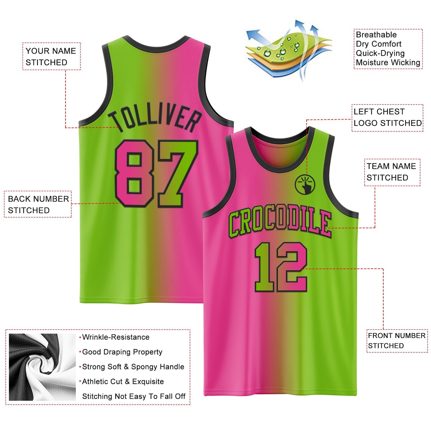 Custom Neon Green Pink - Black Authentic Gradient Fashion Basketball Jersey - TopFanCustom