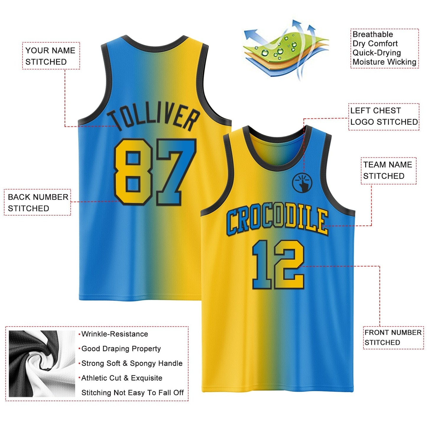 Custom Powder Blue Yellow - Black Authentic Gradient Fashion Basketball Jersey - TopFanCustom