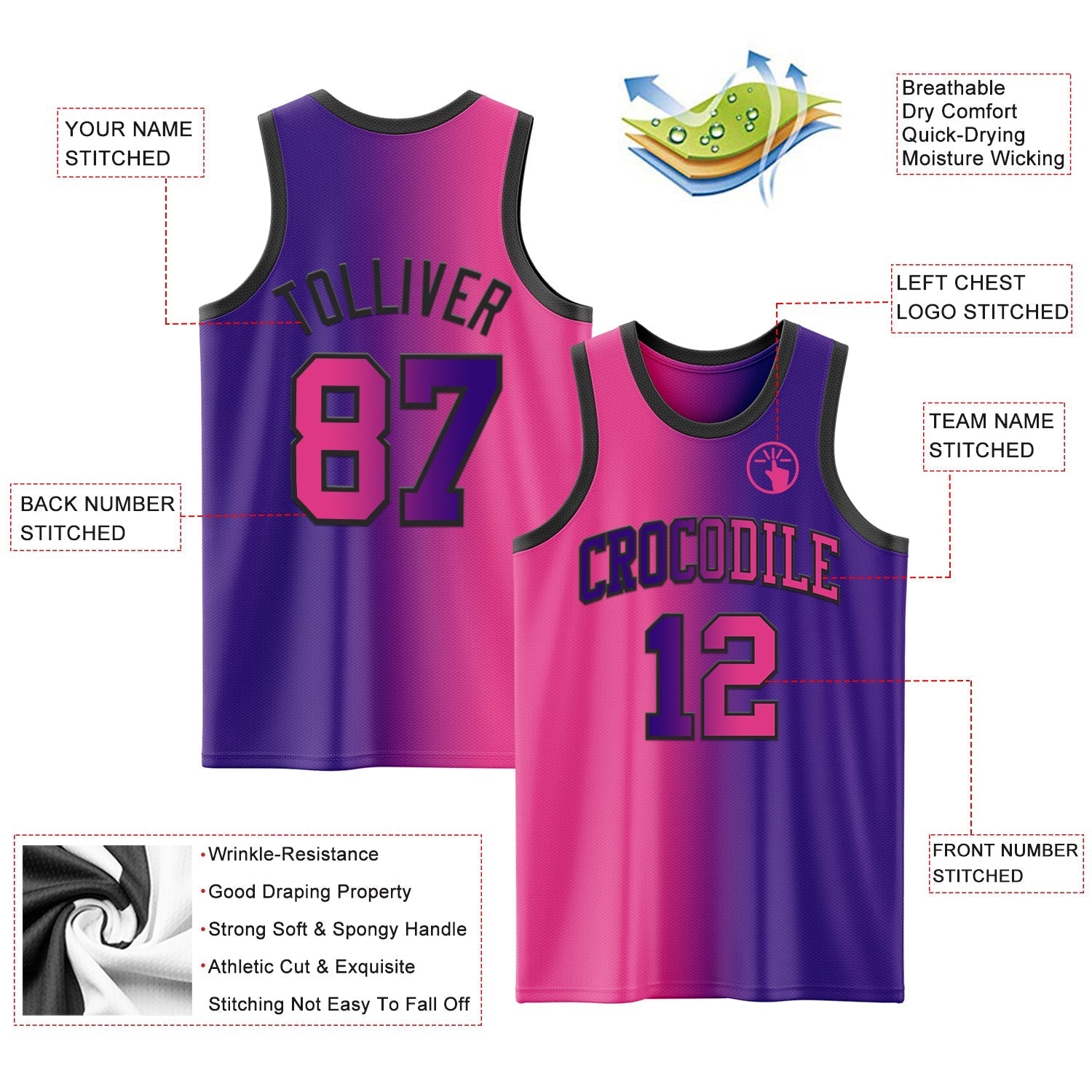 Custom Purple Pink - Black Authentic Gradient Fashion Basketball Jersey - TopFanCustom
