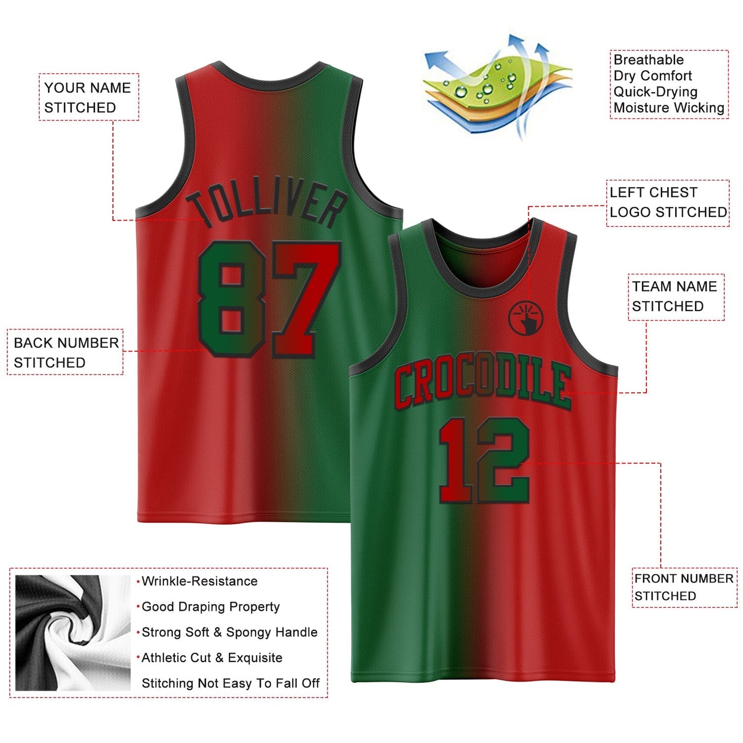 Custom Red Kelly Green - Black Authentic Gradient Fashion Basketball Jersey - TopFanCustom