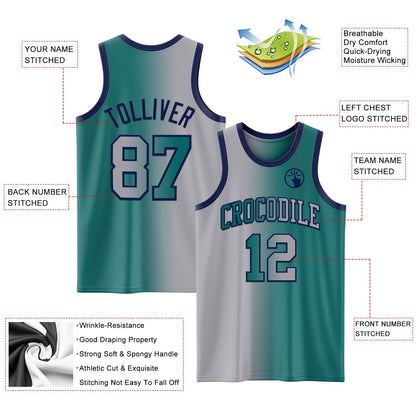 Custom Teal Gray - Navy Authentic Gradient Fashion Basketball Jersey - TopFanCustom