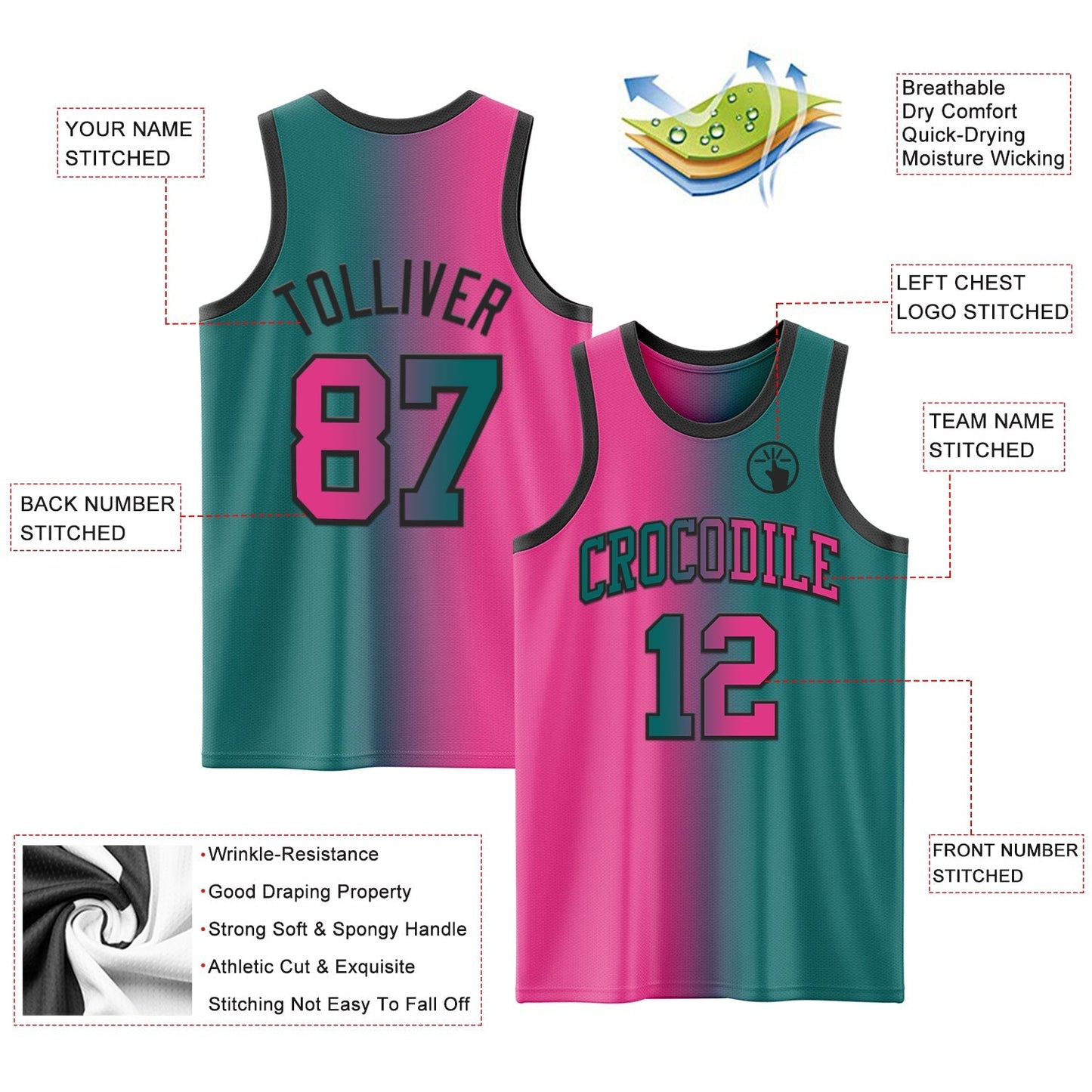 Custom Teal Pink - Black Authentic Gradient Fashion Basketball Jersey - TopFanCustom