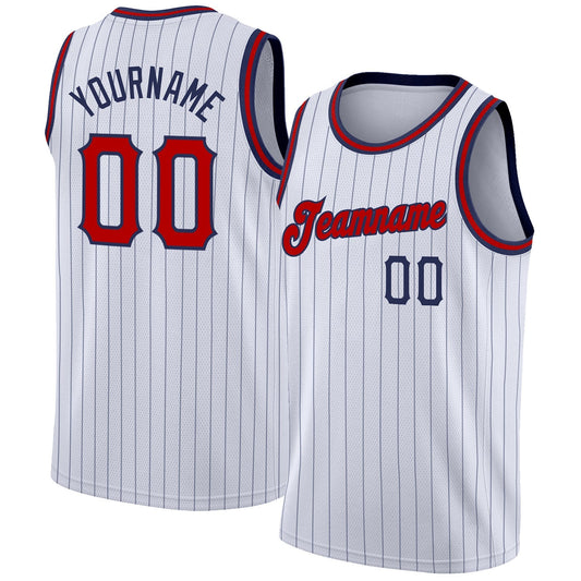 Custom White Navy Pinstripe Red - Navy Authentic Basketball Jersey - TopFanCustom