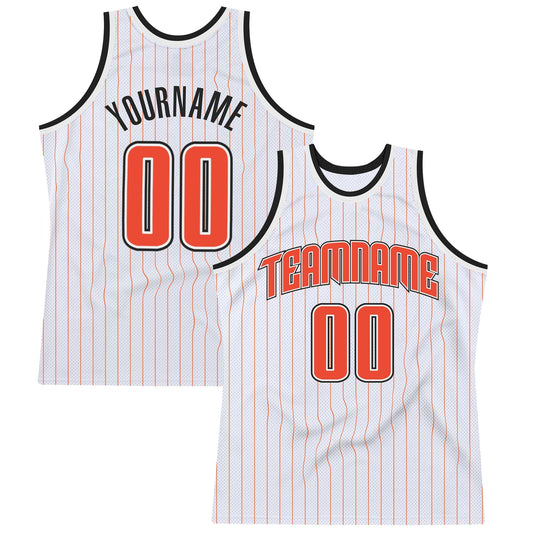 Custom White Orange Pinstripe Orange - Black Authentic Basketball Jersey - TopFanCustom