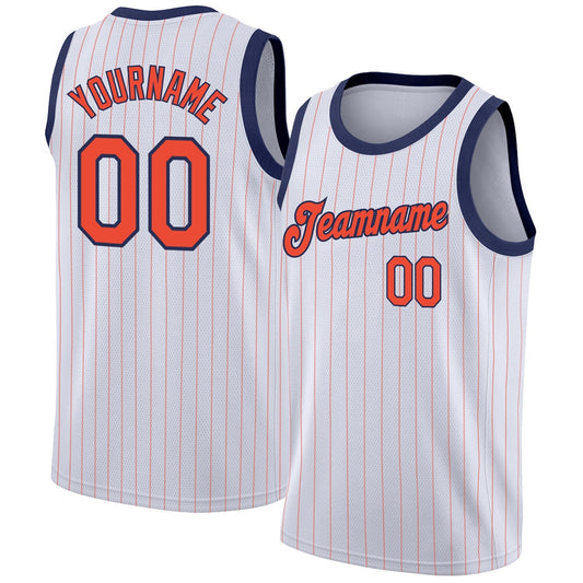 Custom White Orange Pinstripe Orange - Navy Authentic Basketball Jersey - TopFanCustom