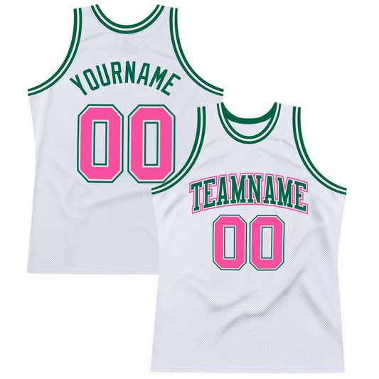 Custom White Pink - Kelly Green Authentic Throwback Basketball Jersey - TopFanCustom
