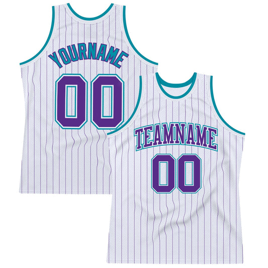 Custom White Purple Pinstripe Purple - Teal Authentic Basketball Jersey - TopFanCustom
