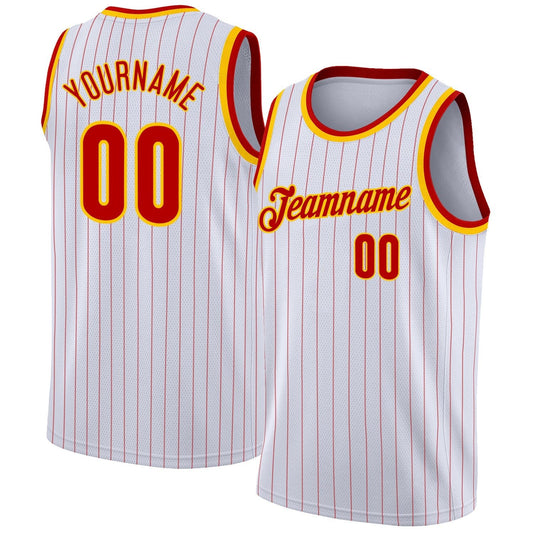 Custom White Red Pinstripe Red - Gold Authentic Basketball Jersey - TopFanCustom