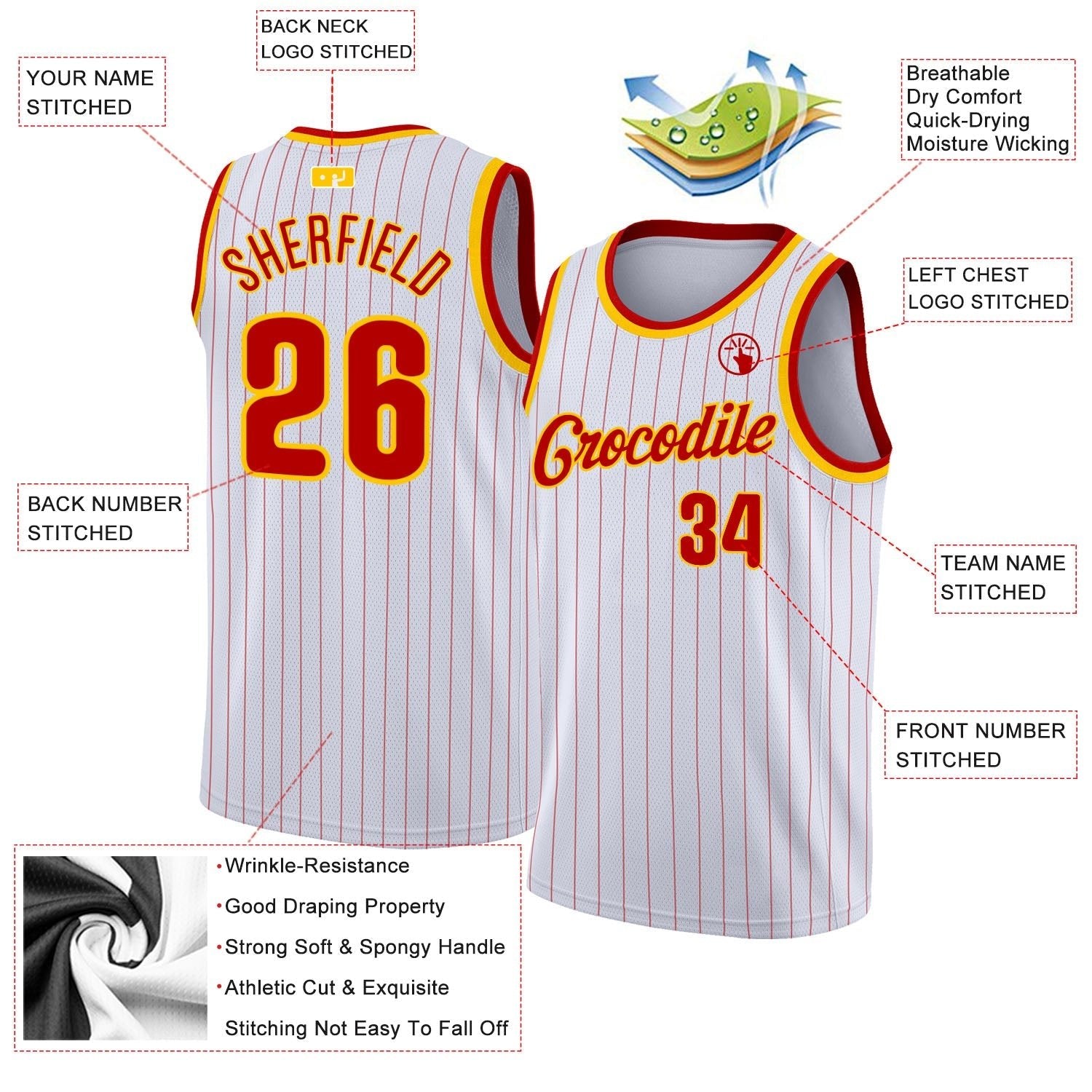 Custom White Red Pinstripe Red - Gold Authentic Basketball Jersey - TopFanCustom