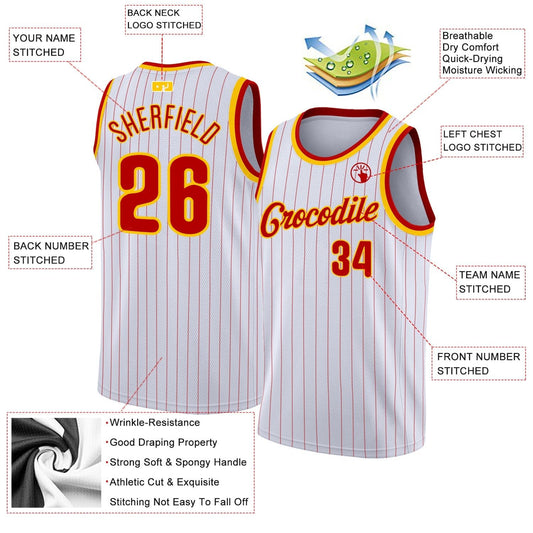 Custom White Red Pinstripe Red - Gold Authentic Basketball Jersey - TopFanCustom