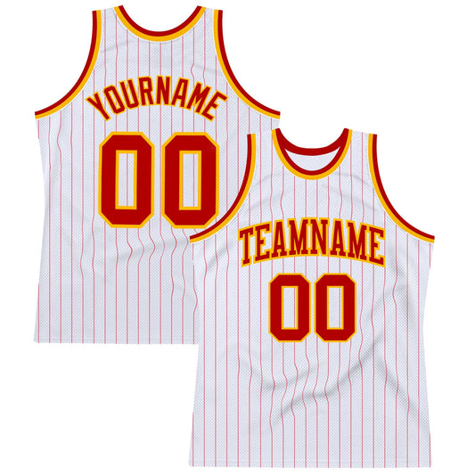 Custom White Red Pinstripe Red - Gold Authentic Basketball Jersey - TopFanCustom