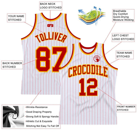 Custom White Red Pinstripe Red - Gold Authentic Basketball Jersey - TopFanCustom