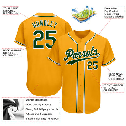 Custom Gold Green-White Authentic Baseball Jersey