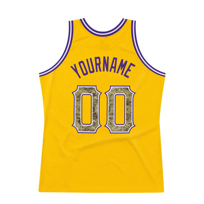 Custom Gold Camo-Purple Authentic Throwback Basketball Jersey