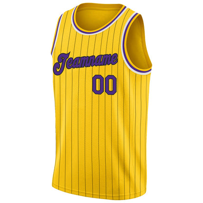 Custom Gold Black Pinstripe Purple-White Authentic Basketball Jersey