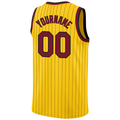 Custom Gold Black Pinstripe Maroon-Black Authentic Basketball Jersey