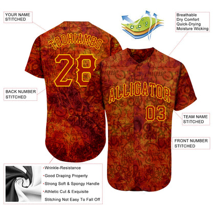 Custom Graffiti Pattern Red-Gold 3D Fire Authentic Baseball Jersey