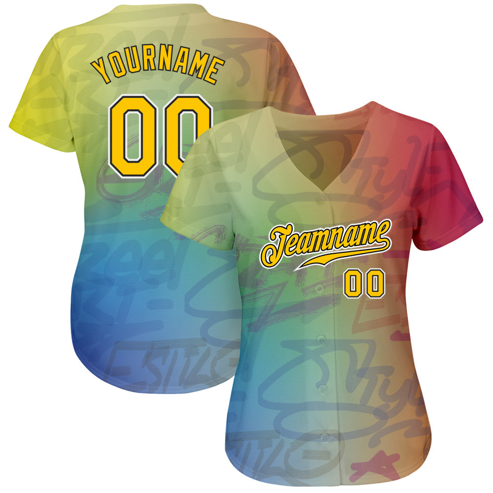 Custom Graffiti Pattern Gold-Black 3D Authentic Baseball Jersey