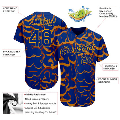 Custom Graffiti Pattern Royal-Gold 3D Authentic Baseball Jersey