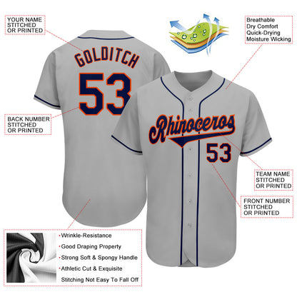 Custom Gray Navy-Orange Authentic Baseball Jersey