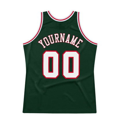 Custom Hunter Green White-Red Authentic Throwback Basketball Jersey