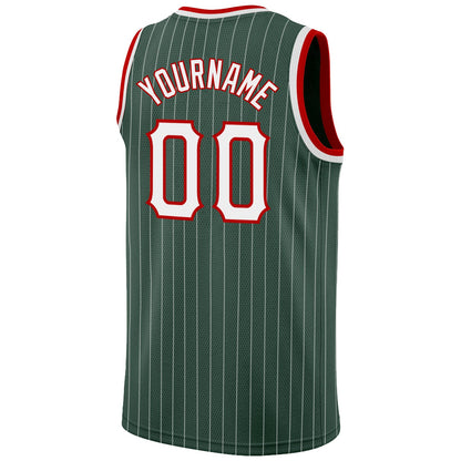 Custom Hunter Green White Pinstripe White-Red Authentic Basketball Jersey