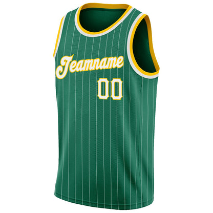 Custom Kelly Green White Pinstripe White-Gold Authentic Basketball Jersey