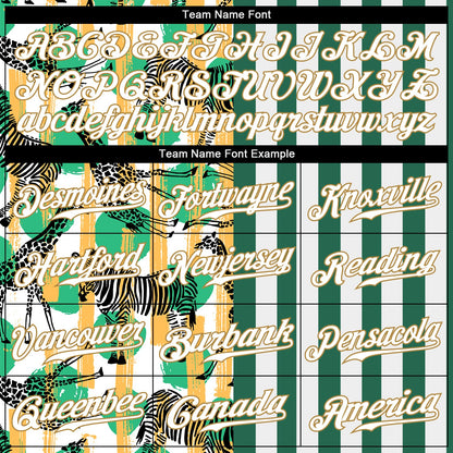 Custom Kelly Green White-Old Gold 3D Pattern Design Zebras And Giraffes Authentic Baseball Jersey