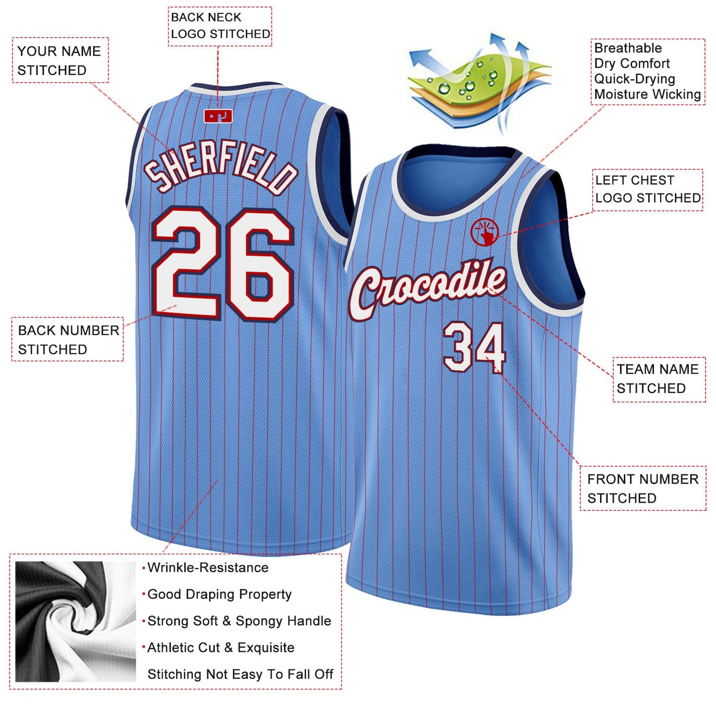 Custom Light Blue Red Pinstripe White-Navy Authentic Basketball Jersey