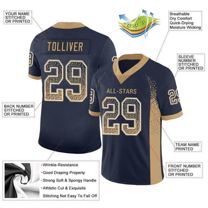 Custom Navy Old Gold-White Mesh Drift Fashion Football Jersey