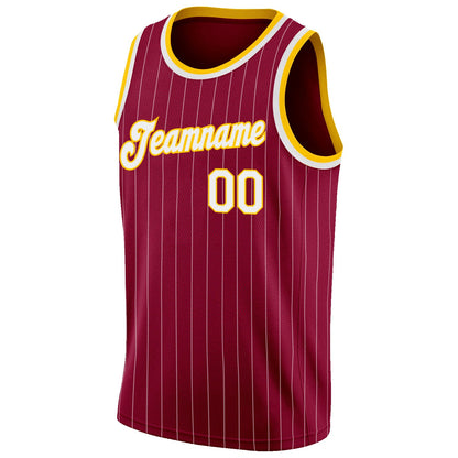 Custom Maroon White Pinstripe White-Gold Authentic Basketball Jersey