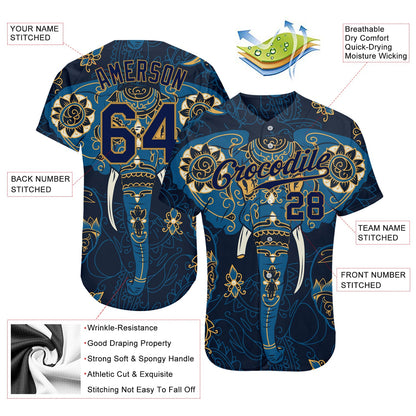 Custom Navy Navy-Old Gold 3D Pattern Design Elephant Authentic Baseball Jersey