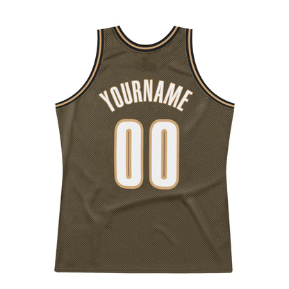 Custom Olive White-Old Gold Authentic Throwback Salute To Service Basketball Jersey