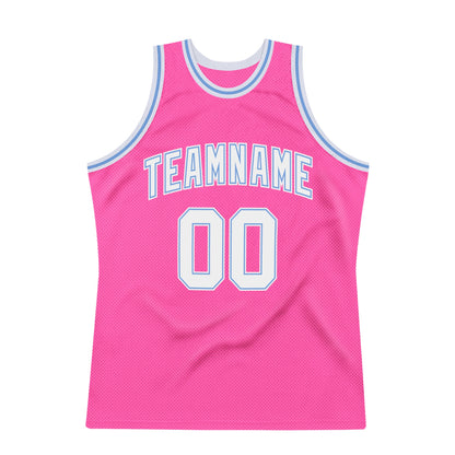Custom Pink White-Light Blue Authentic Throwback Basketball Jersey