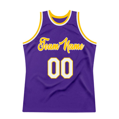 Custom Purple White-Gold Authentic Throwback Basketball Jersey