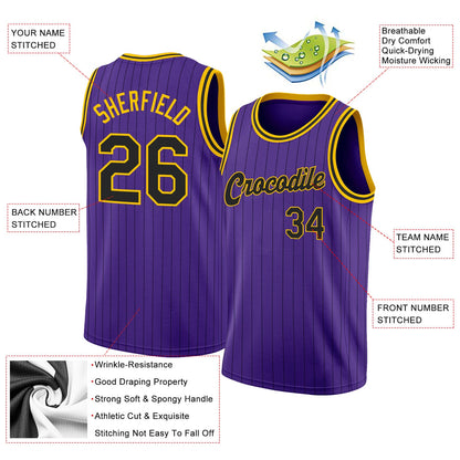 Custom Purple Black Pinstripe Black-Gold Authentic Basketball Jersey