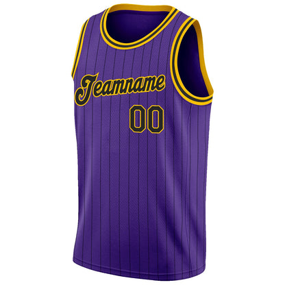 Custom Purple Black Pinstripe Black-Gold Authentic Basketball Jersey