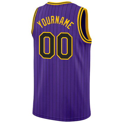 Custom Purple Black Pinstripe Black-Gold Authentic Basketball Jersey