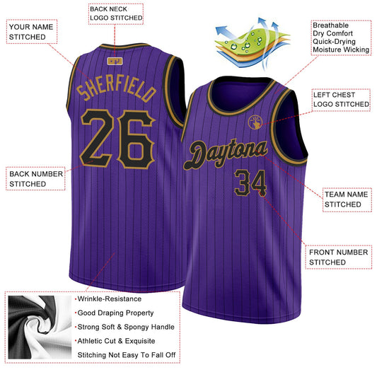 Custom Purple Black Pinstripe Black-Old Gold Authentic Basketball Jersey