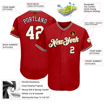 Custom Red White-Old Gold Authentic Baseball Jersey