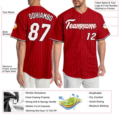 Custom Red Black Pinstripe White-Black Authentic Baseball Jersey