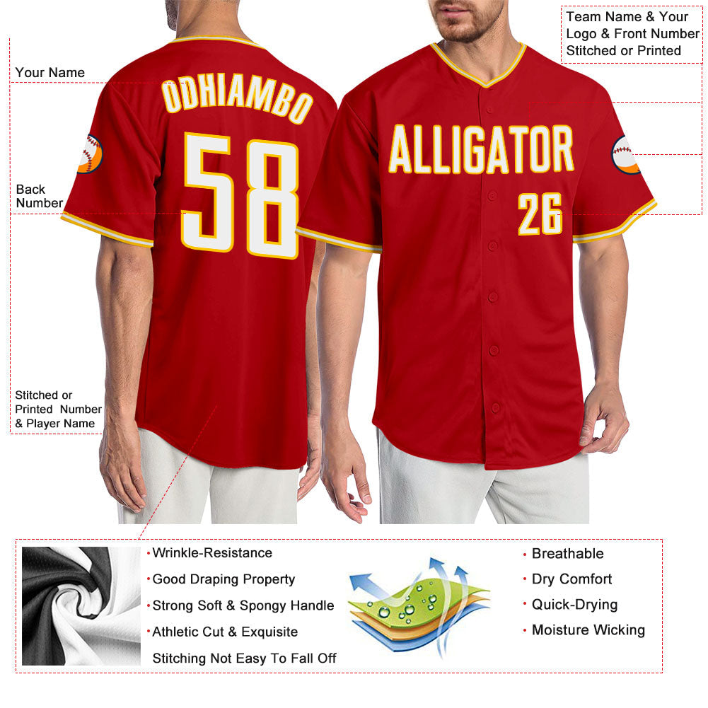 Custom Red White-Gold Authentic Baseball Jersey