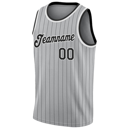 Custom Gray Black Pinstripe Black-White Authentic Basketball Jersey