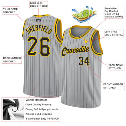Custom Gray Black Pinstripe Black-Gold Authentic Basketball Jersey
